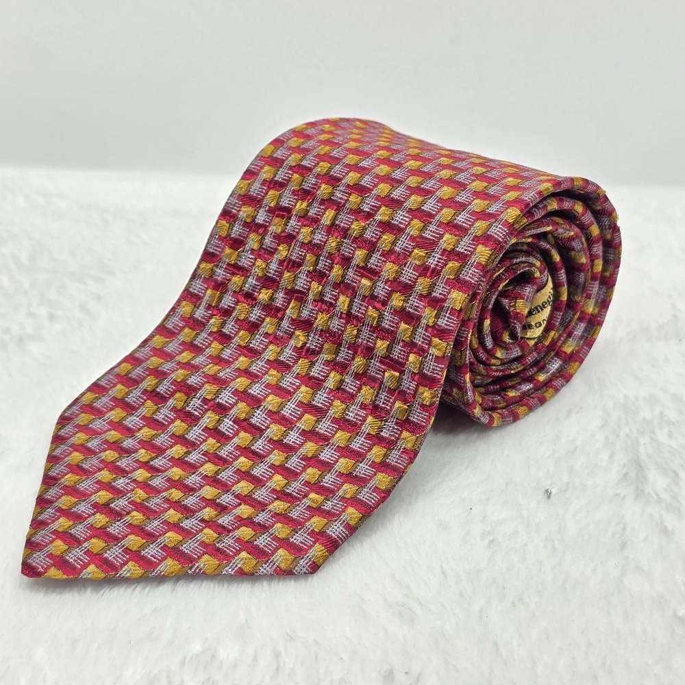 Ermenegildo Zegna NeckTie 100% Silk Italy Geometric Print Red/gold 4in